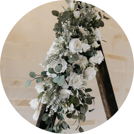 hanging arbour artificial wedding flowers boho white and dark green foliage, wedding flowers delivery, wedding flowers gold coast