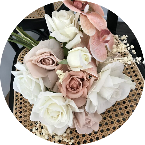 highlight blush tones orchid and artificial rose wedding bouquet, wedding flowers delivery, wedding flowers gold coast
